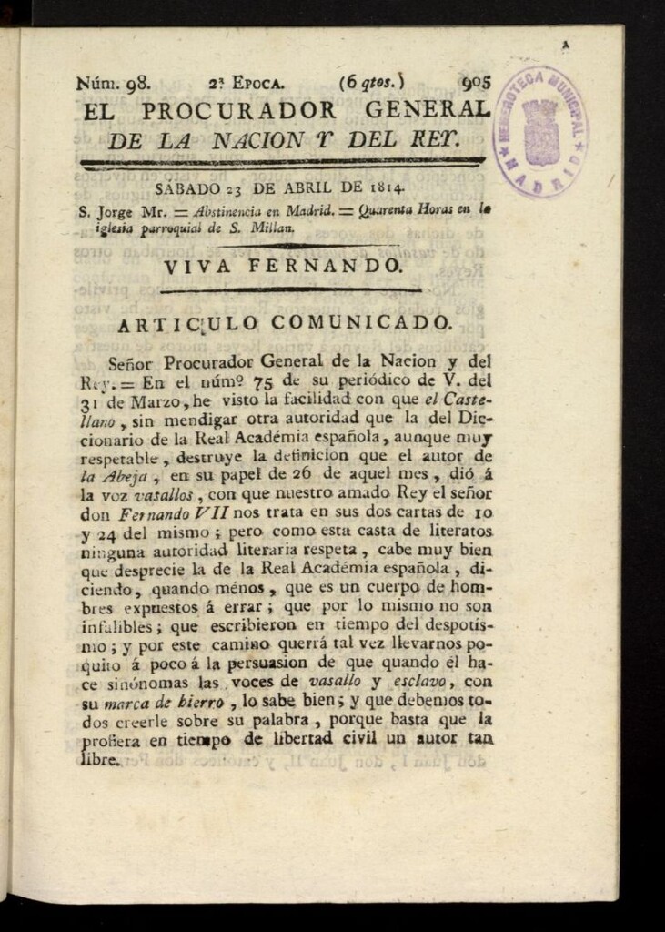 Miniatura de El Procurador General de la Nación y del Rey (Madrid) del 23 de abril de 1814, nº 98