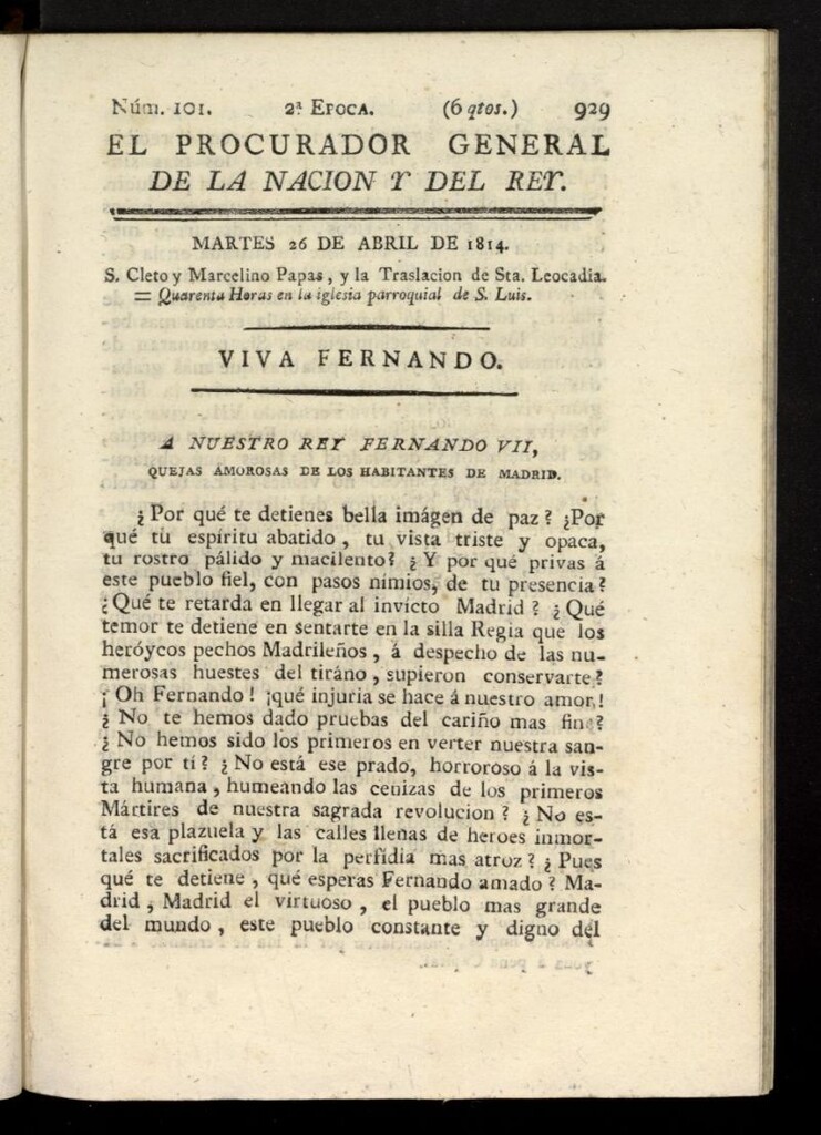 Miniatura de El Procurador General de la Nación y del Rey (Madrid) del 26 de abril de 1814, nº 101
