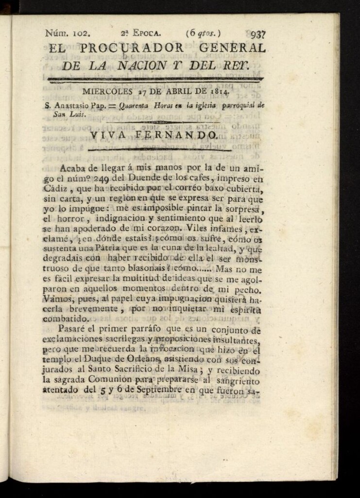 Miniatura de El Procurador General de la Nación y del Rey (Madrid) del 27 de abril de 1814, nº 102