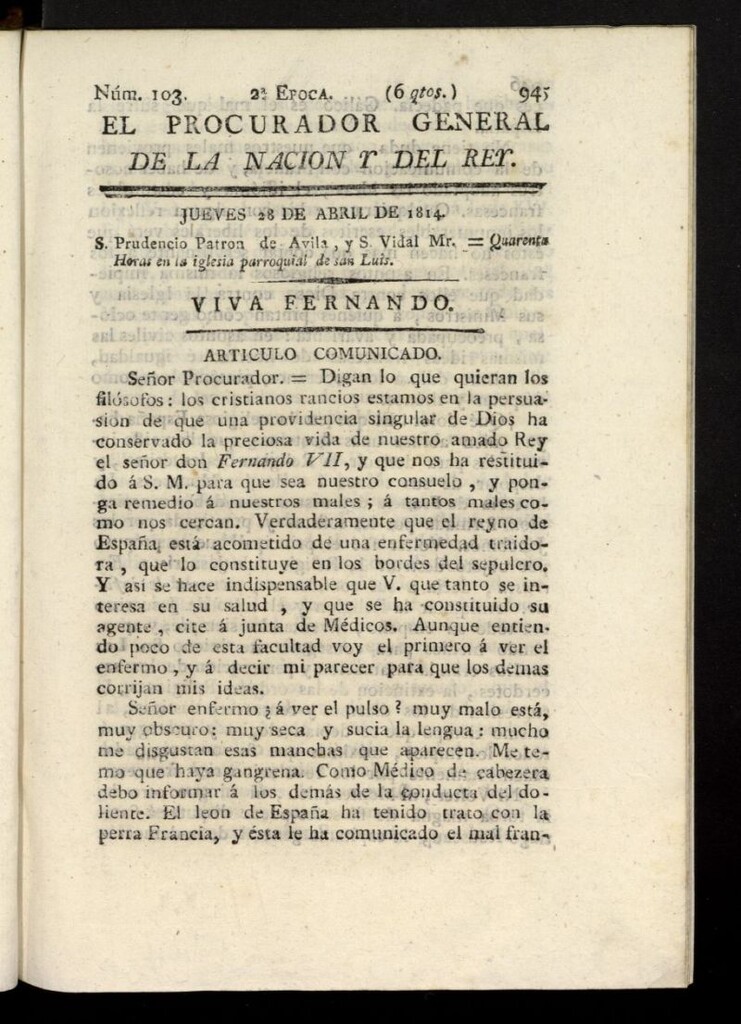 Miniatura de El Procurador General de la Nación y del Rey (Madrid) del 28 de abril de 1814, nº 103