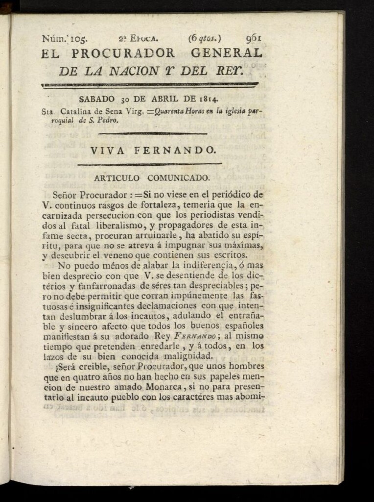 Miniatura de El Procurador General de la Nación y del Rey (Madrid) del 30 de abril de 1814, nº 105