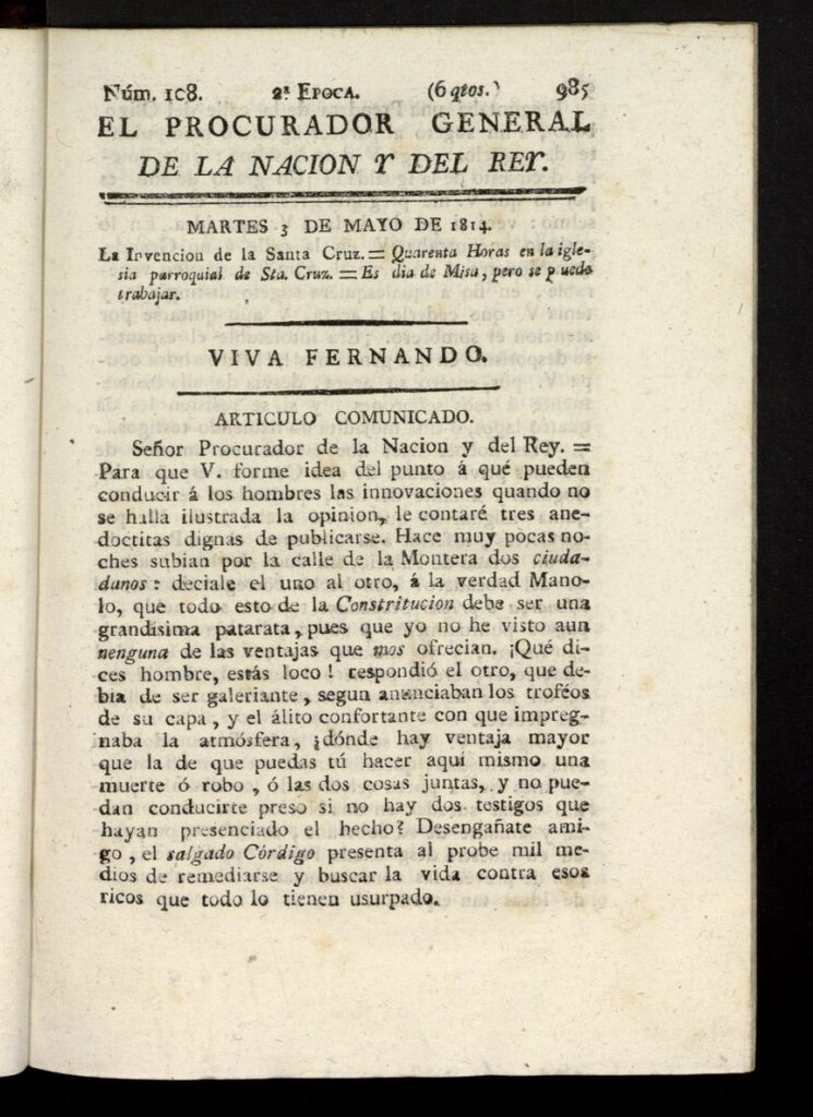 Miniatura de El Procurador General de la Nación y del Rey (Madrid) del 3 de mayo de 1814, nº 108