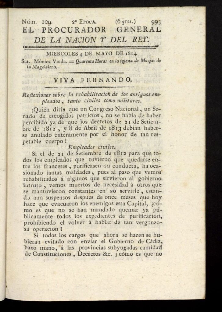 Miniatura de El Procurador General de la Nación y del Rey (Madrid) del 4 de mayo de 1814, nº 109