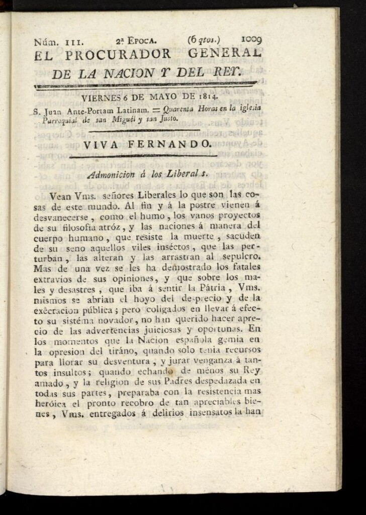 Miniatura de El Procurador General de la Nación y del Rey (Madrid) del 6 de mayo de 1814, nº 111
