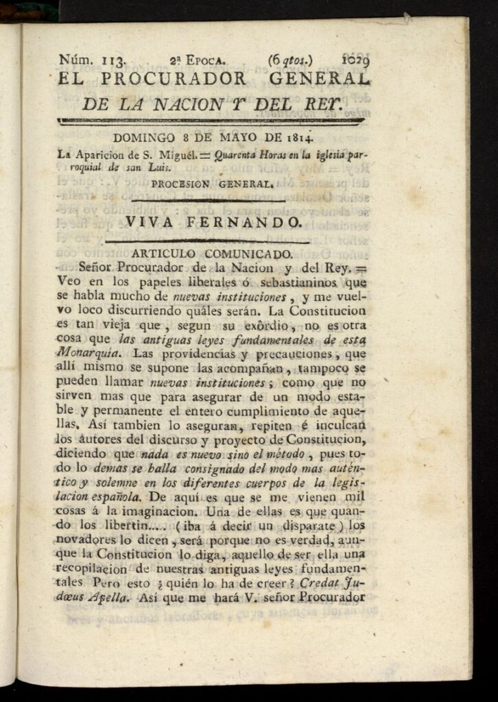 Miniatura de El Procurador General de la Nación y del Rey (Madrid) del 8 de mayo de 1814, nº 113