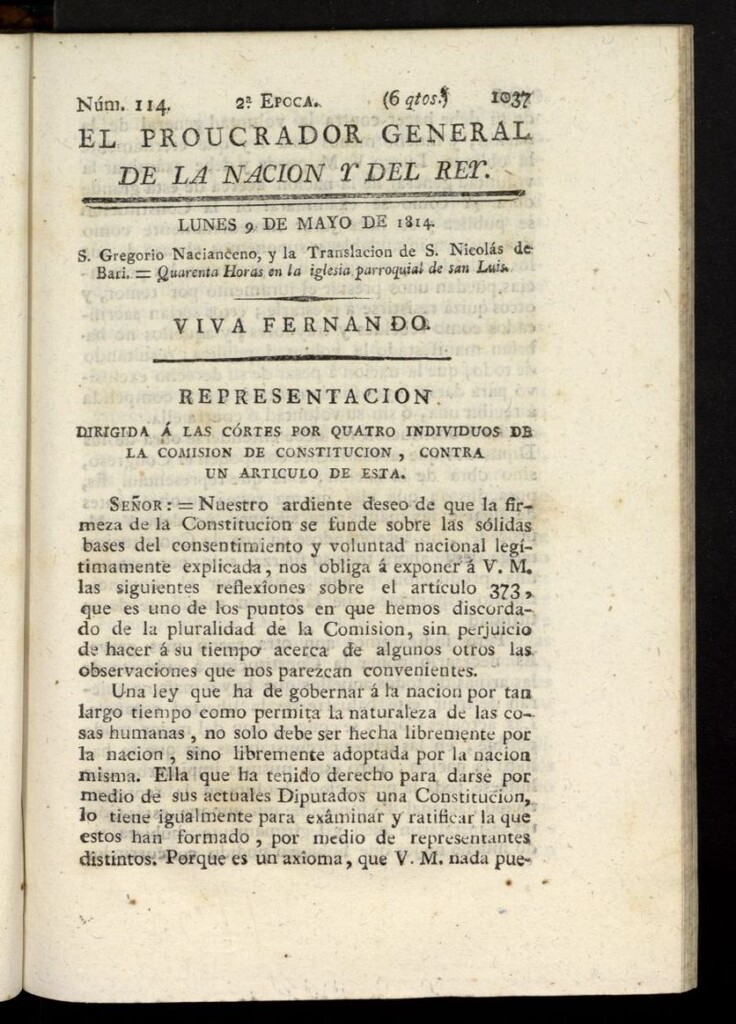 Miniatura de El Procurador General de la Nación y del Rey (Madrid) del 9 de mayo de 1814, nº 114