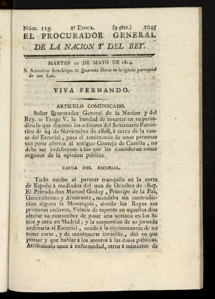 Miniatura de El Procurador General de la Nación y del Rey (Madrid) del 10 de mayo de 1814, nº 115