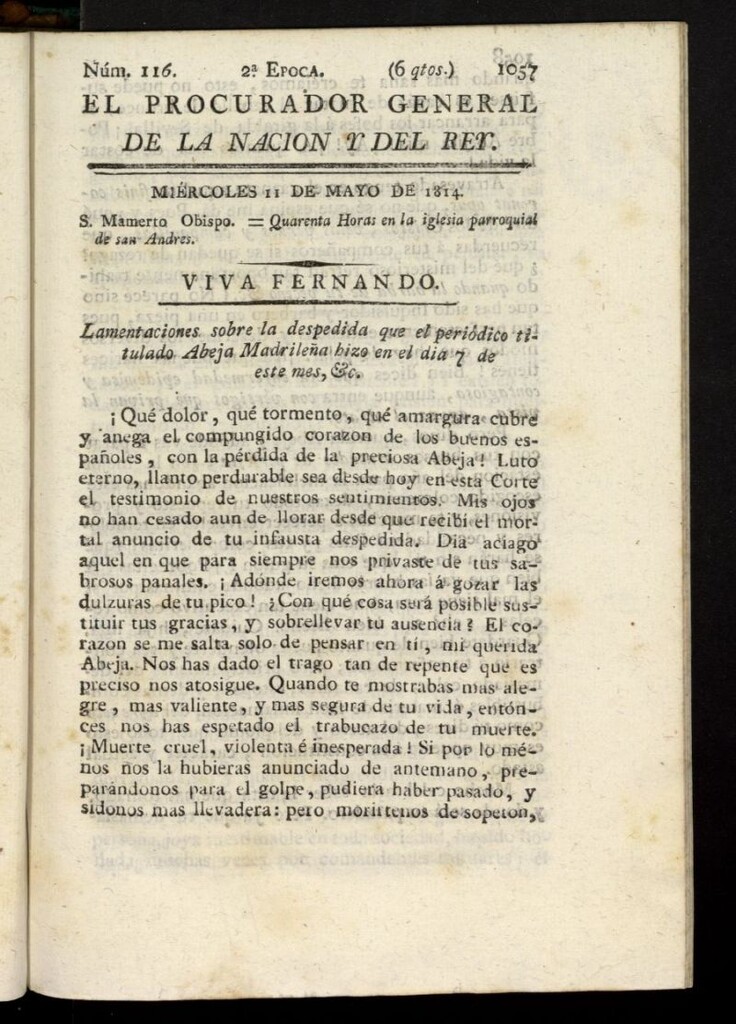 Miniatura de El Procurador General de la Nación y del Rey (Madrid) del 11 de mayo de 1814, nº 116