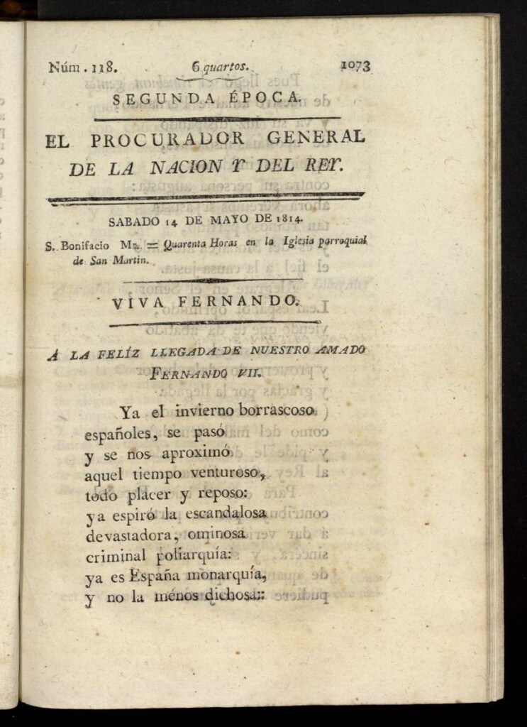 Miniatura de El Procurador General de la Nación y del Rey (Madrid) del 14 de mayo de 1814, nº 118