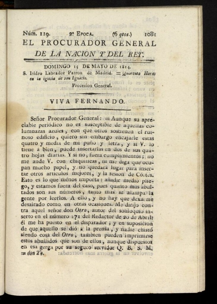 Miniatura de El Procurador General de la Nación y del Rey (Madrid) del 15 de mayo de 1814, nº 119