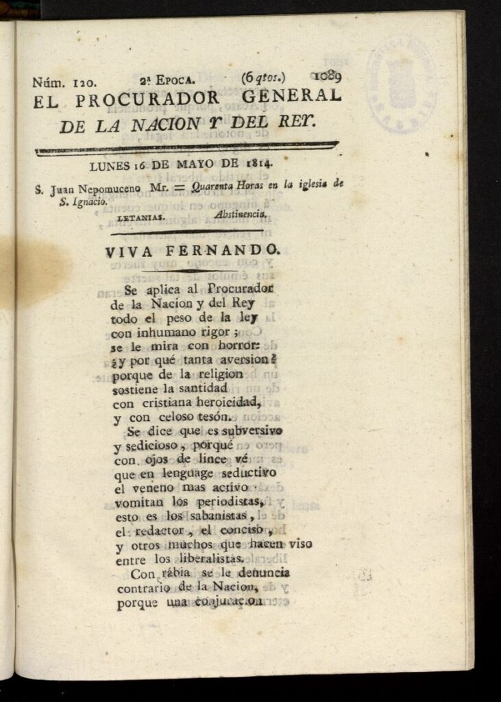 Miniatura de El Procurador General de la Nación y del Rey (Madrid) del 16 de mayo de 1814, nº 120