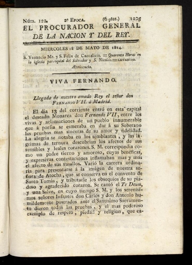 Miniatura de El Procurador General de la Nación y del Rey (Madrid) del 18 de mayo de 1814, nº 122
