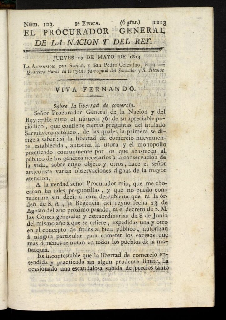 Miniatura de El Procurador General de la Nación y del Rey (Madrid) del 19 de mayo de 1814, nº 123