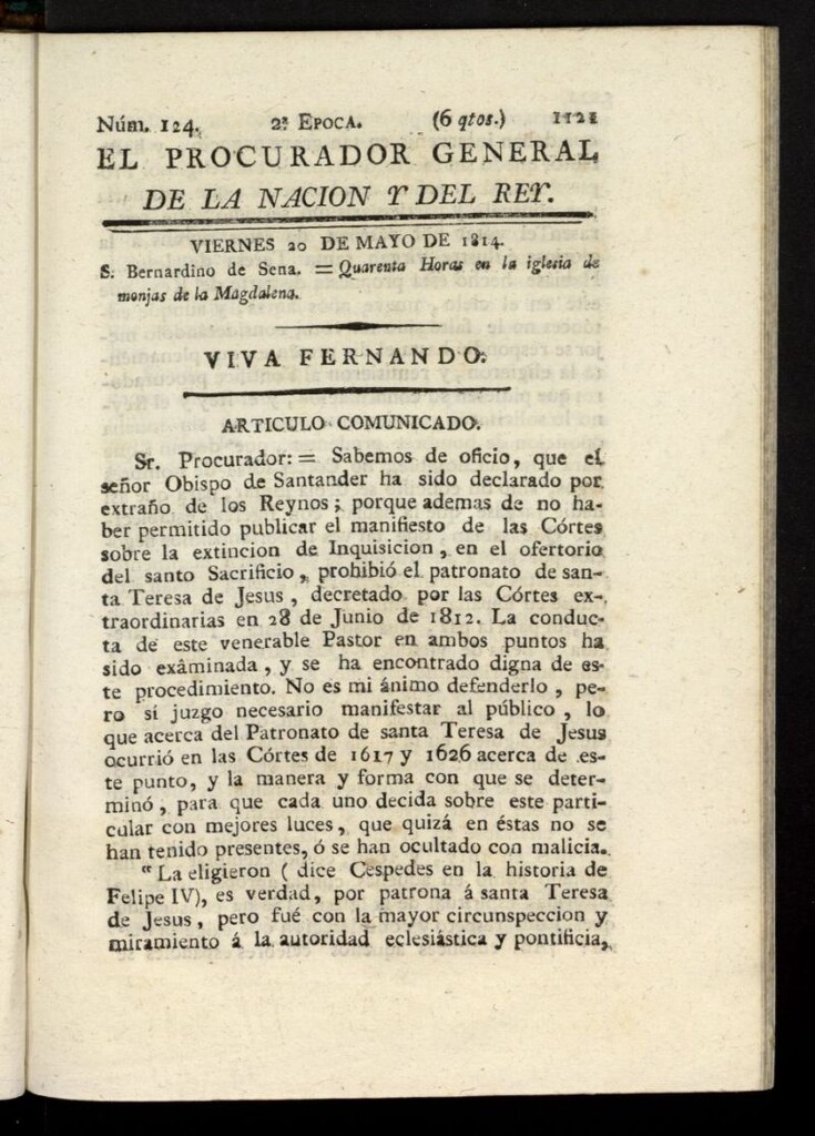 Miniatura de El Procurador General de la Nación y del Rey (Madrid) del 20 de mayo de 1814, nº 124