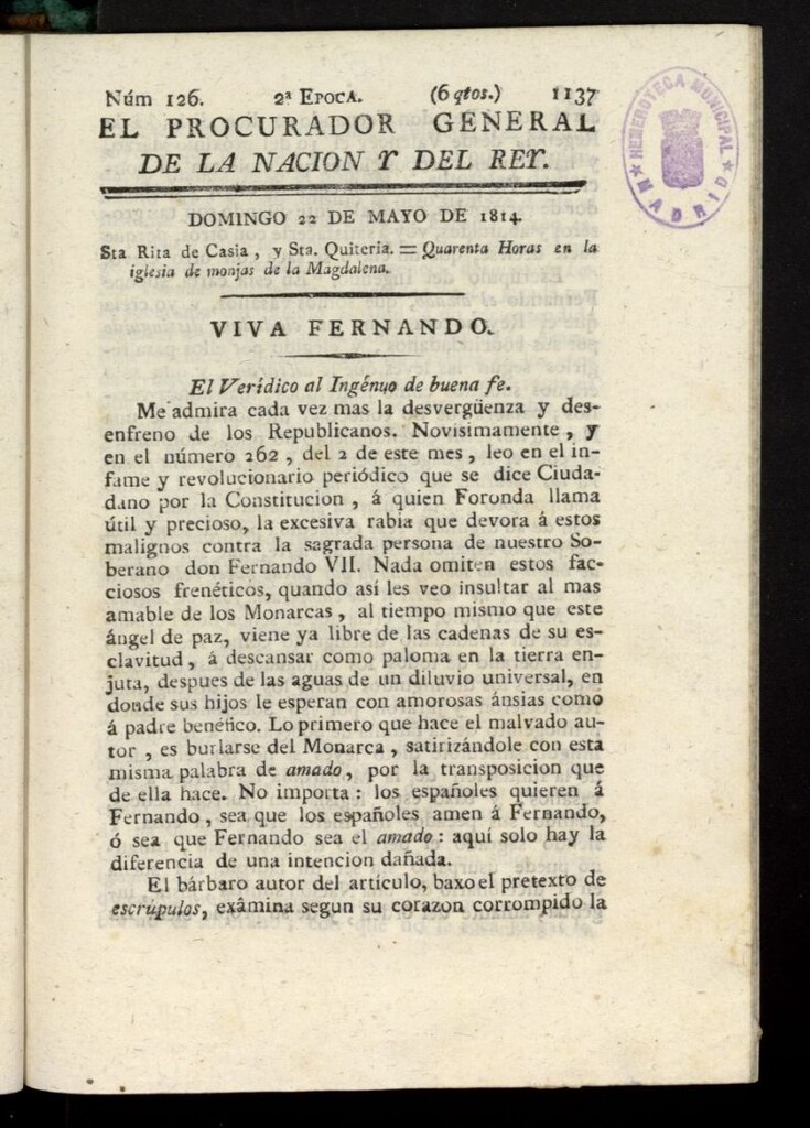 Miniatura de El Procurador General de la Nación y del Rey (Madrid) del 22 de mayo de 1814, nº 126