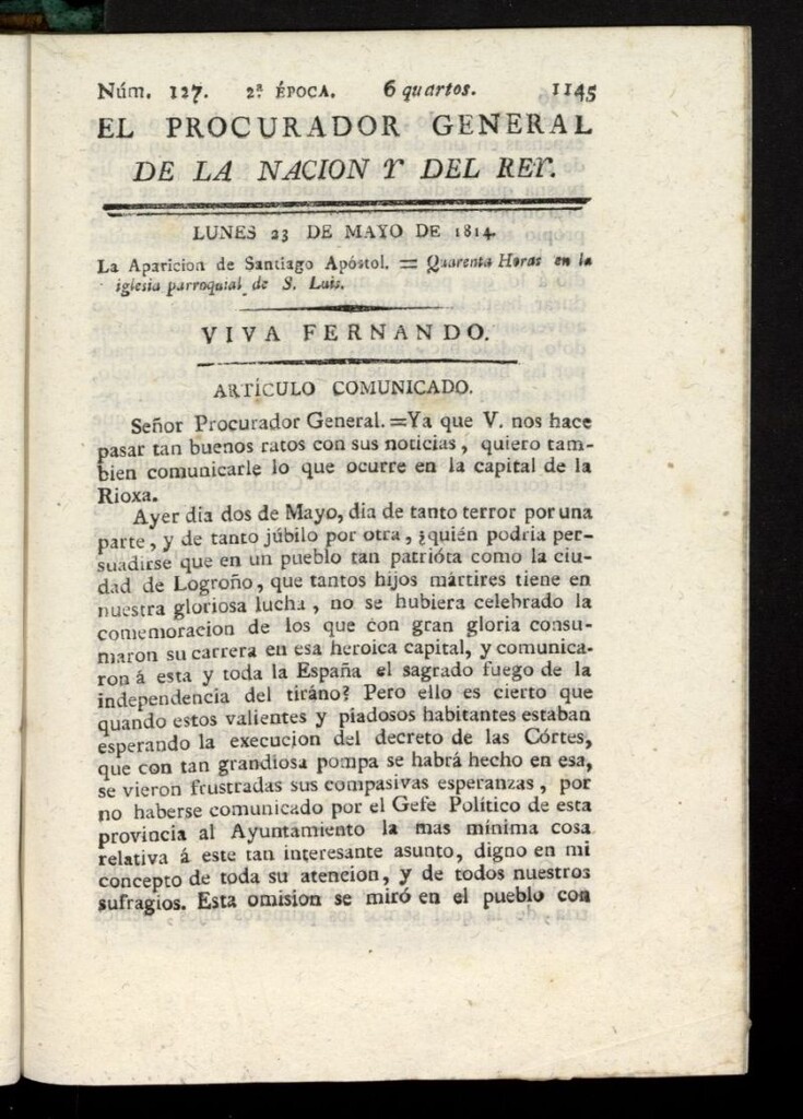 Miniatura de El Procurador General de la Nación y del Rey (Madrid) del 23 de mayo de 1814, nº 127