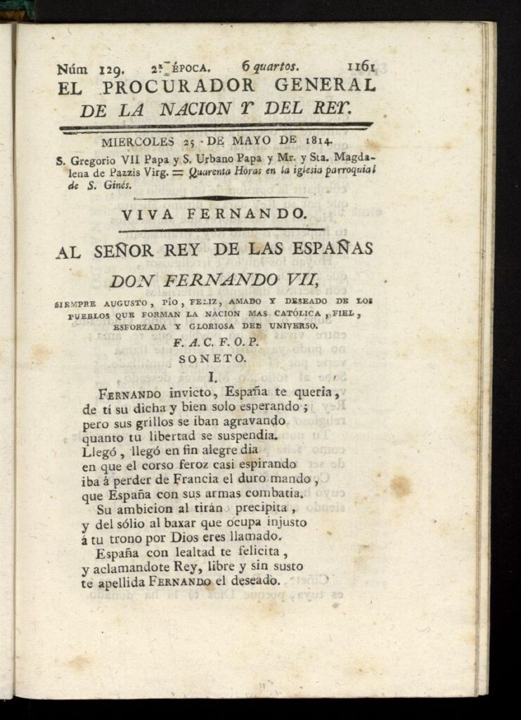 Miniatura de El Procurador General de la Nación y del Rey (Madrid) del 25 de mayo de 1814, nº 129