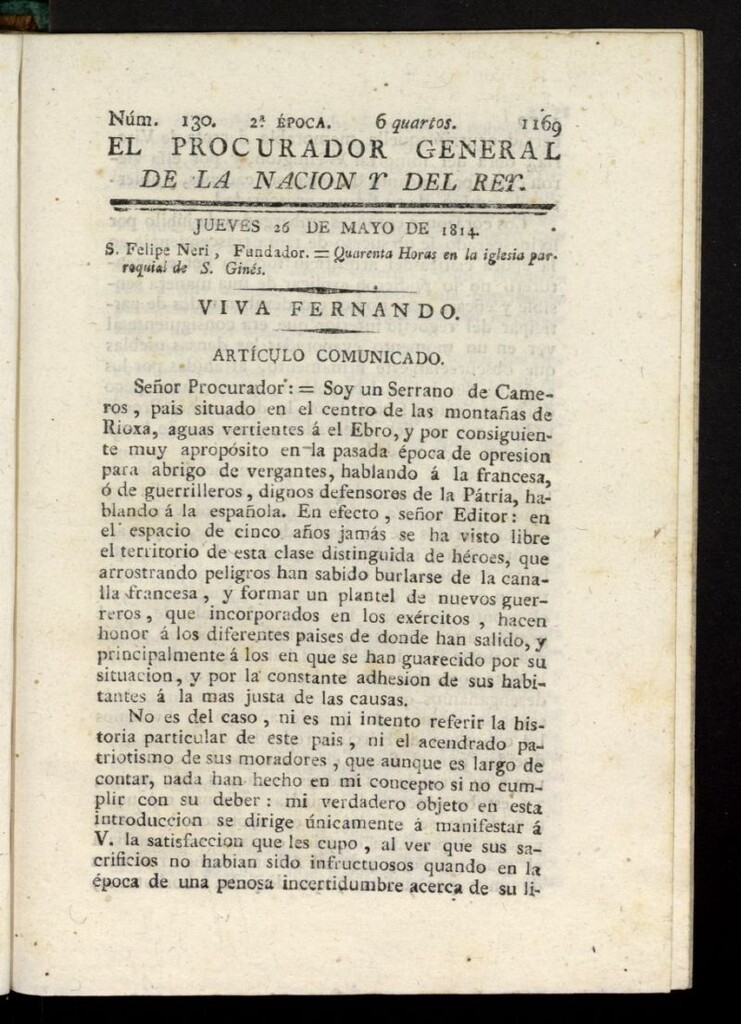 Miniatura de El Procurador General de la Nación y del Rey (Madrid) del 26 de mayo de 1814, nº 130