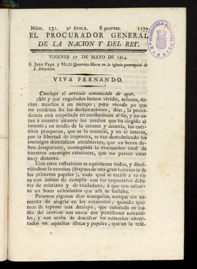 Miniatura de El Procurador General de la Nación y del Rey (Madrid) del 27 de mayo de 1814, nº 131