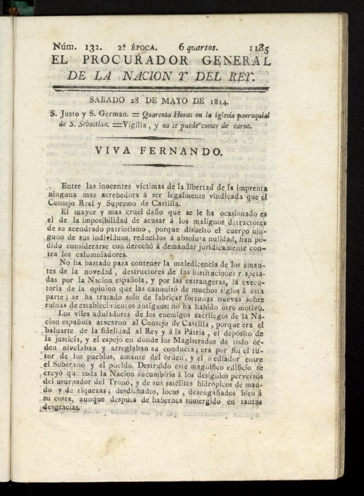 Miniatura de El Procurador General de la Nación y del Rey (Madrid) del 28 de mayo de 1814, nº 132