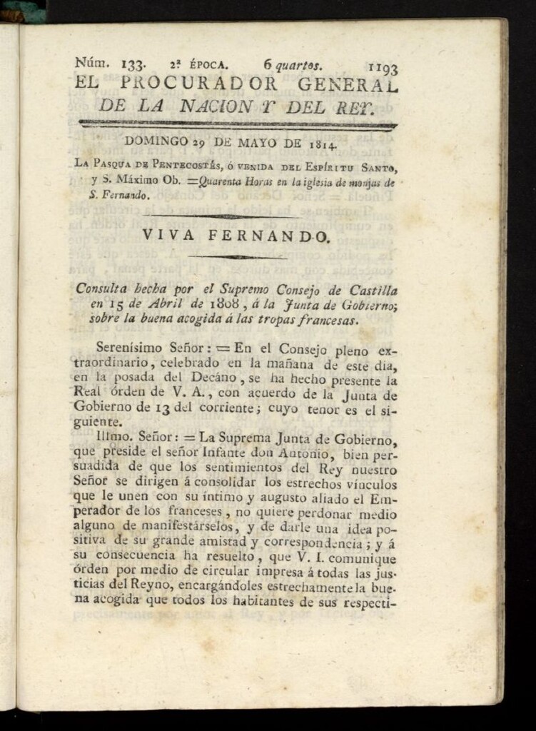 Miniatura de El Procurador General de la Nación y del Rey (Madrid) del 29 de mayo de 1814, nº 133