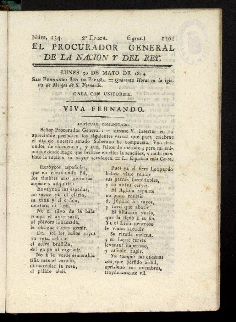 Miniatura de El Procurador General de la Nación y del Rey (Madrid) del 30 de mayo de 1814, nº 134