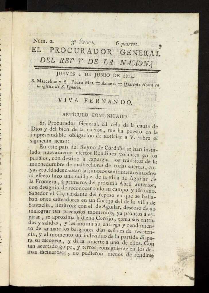 Miniatura de El Procurador General de la Nación y del Rey (Madrid) del 2 de junio de 1814, nº 2