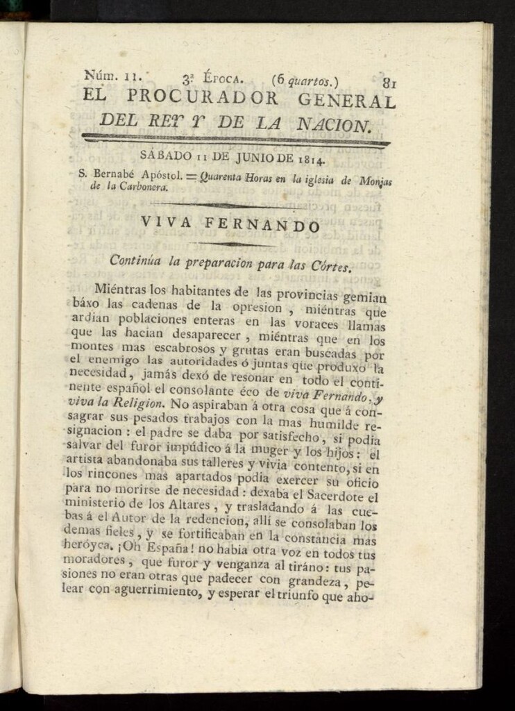 Miniatura de El Procurador General de la Nación y del Rey (Madrid) del 11 de junio de 1814, nº 11