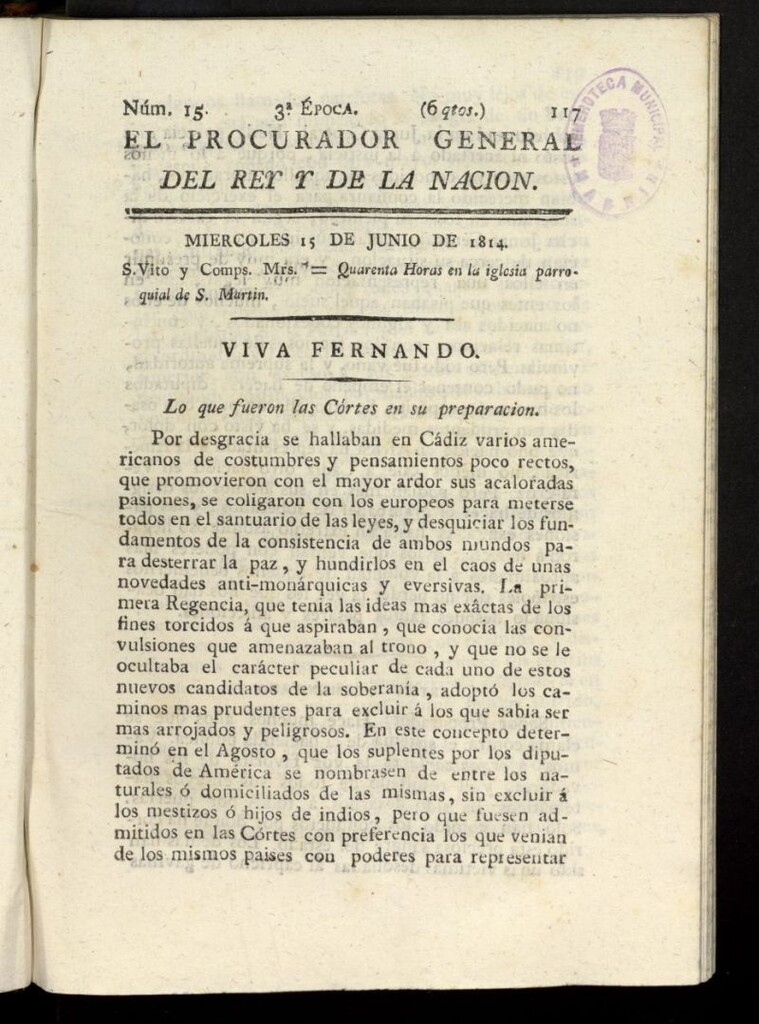 Miniatura de El Procurador General de la Nación y del Rey (Madrid) del 15 de junio de 1814, nº 15