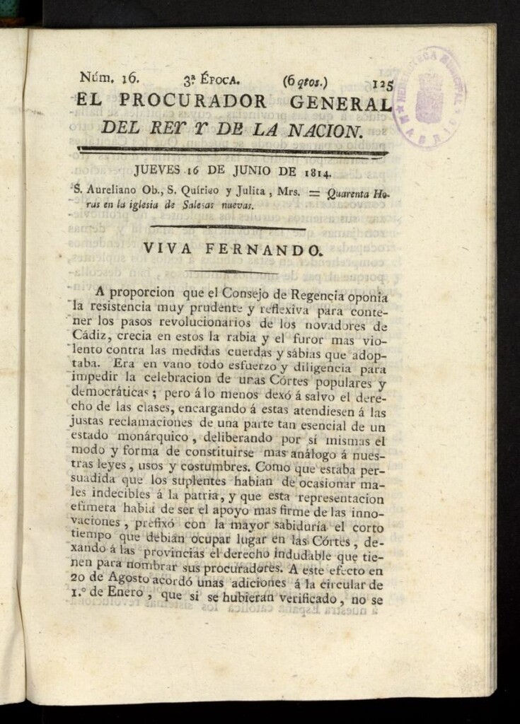 Miniatura de El Procurador General de la Nación y del Rey (Madrid) del 16 de junio de 1814, nº 16