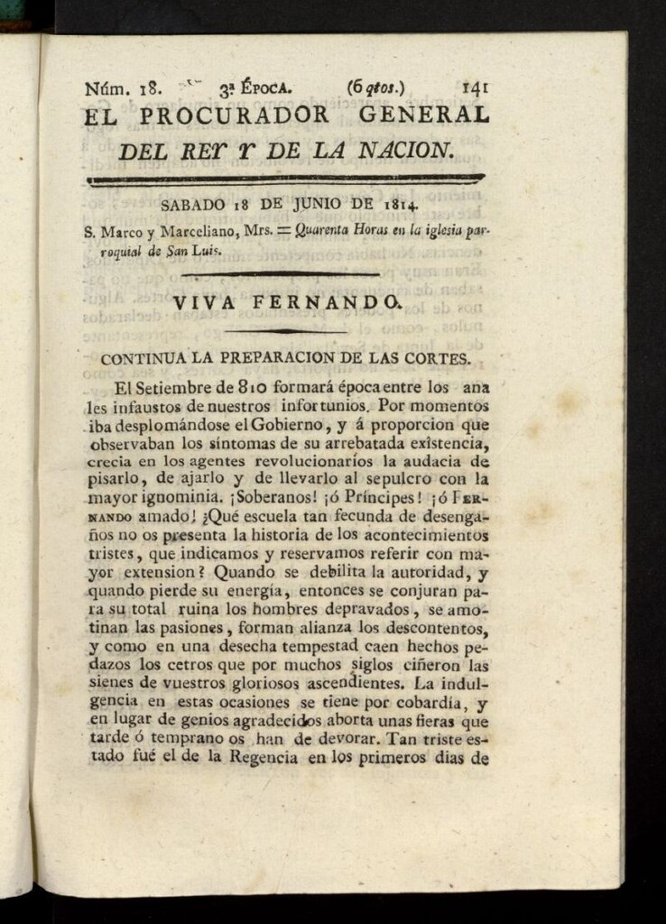 Miniatura de El Procurador General de la Nación y del Rey (Madrid) del 18 de junio de 1814, nº 18