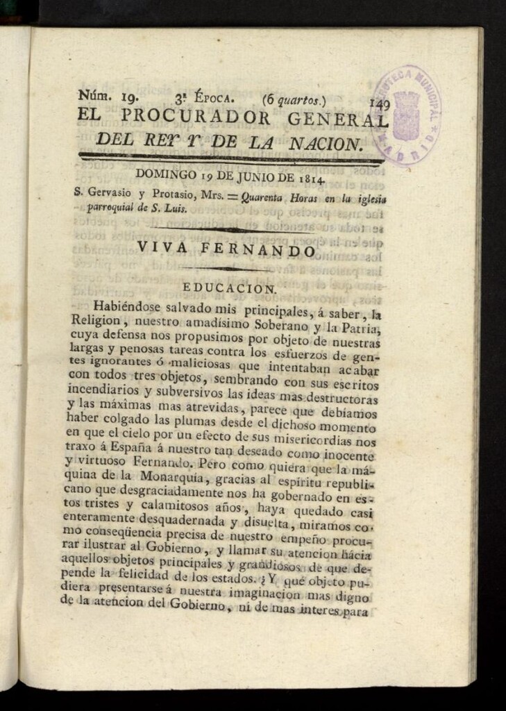 Miniatura de El Procurador General de la Nación y del Rey (Madrid) del 19 de junio de 1814, nº 19