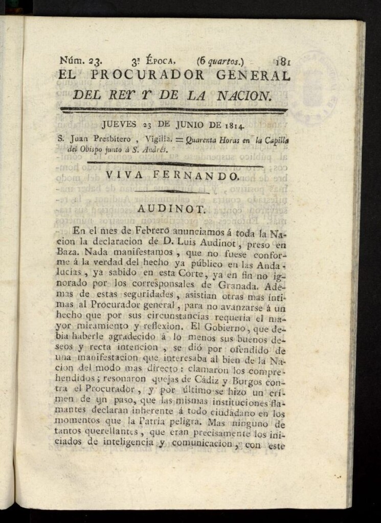 Miniatura de El Procurador General de la Nación y del Rey (Madrid) del 23 de junio de 1814, nº 23