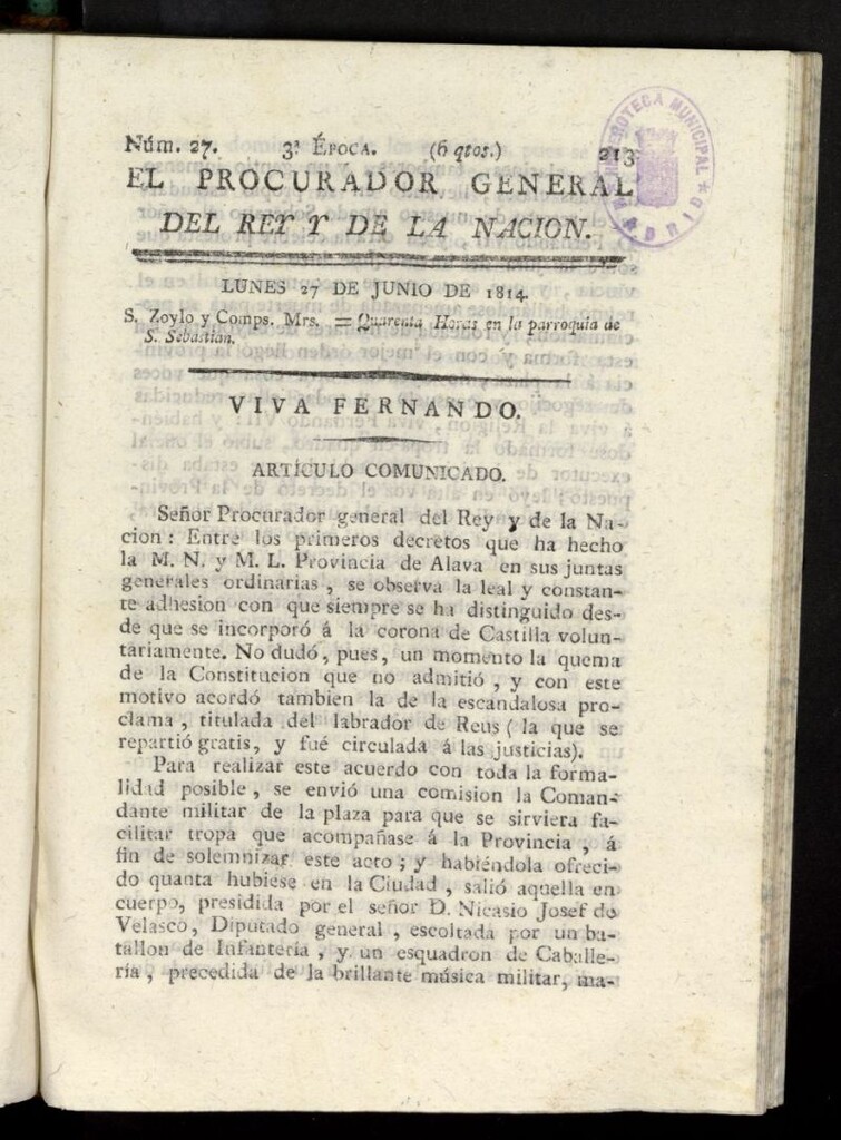 Miniatura de El Procurador General de la Nación y del Rey (Madrid) del 27 de junio de 1814, nº 27