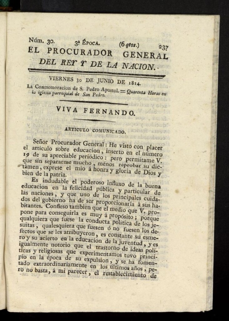 Miniatura de El Procurador General de la Nación y del Rey (Madrid) del 30 de junio de 1814, nº 30