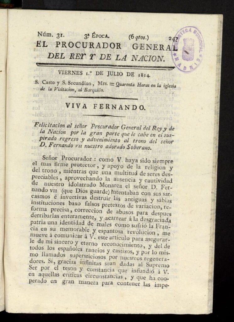 Miniatura de El Procurador General de la Nación y del Rey (Madrid) del 1 de julio de 1814, nº 31