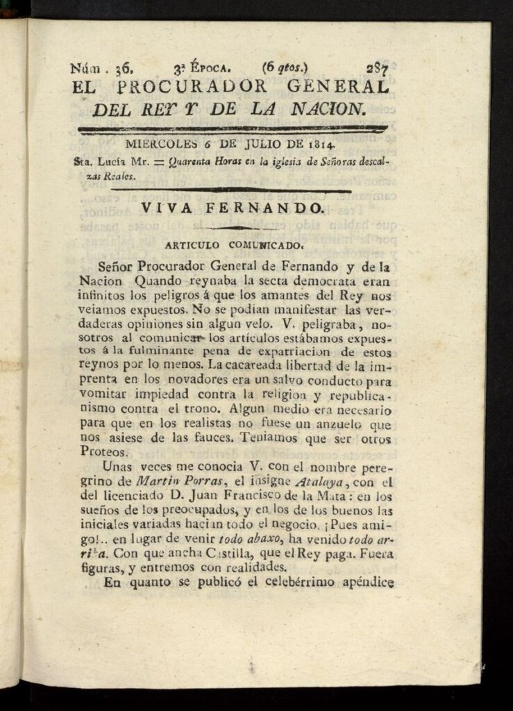 Miniatura de El Procurador General de la Nación y del Rey (Madrid) del 6 de julio de 1814, nº 36