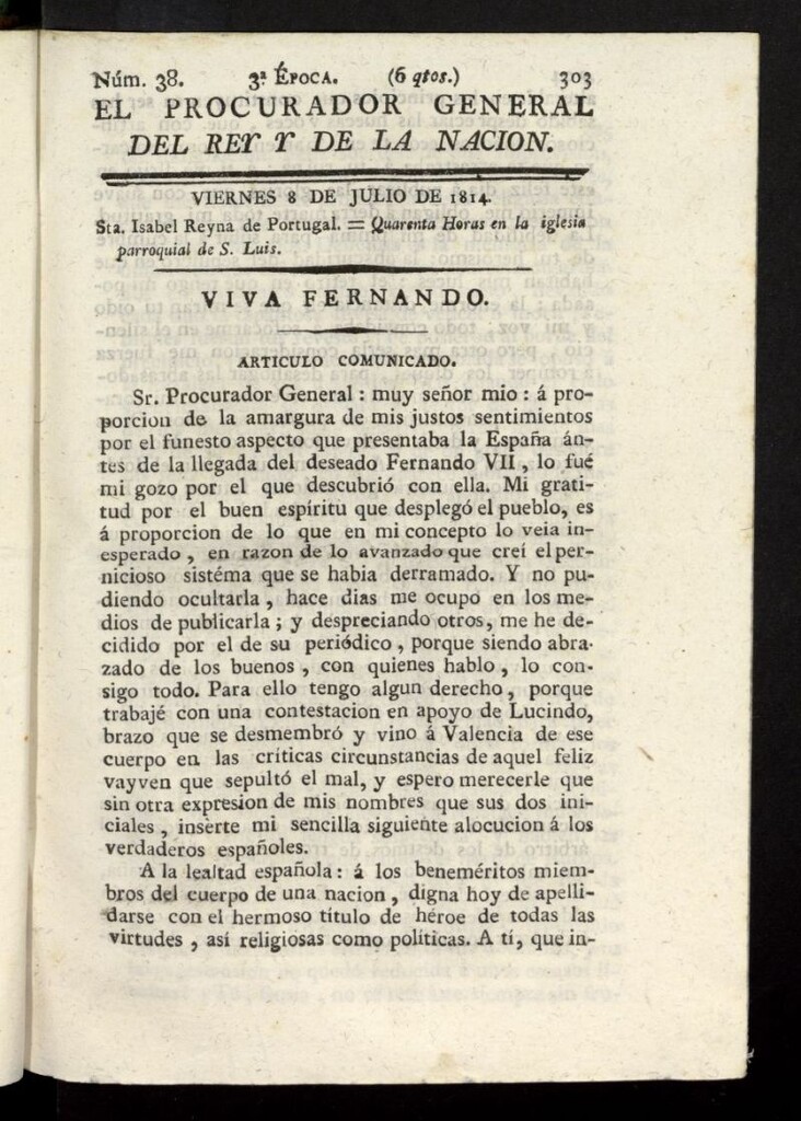 Miniatura de El Procurador General de la Nación y del Rey (Madrid) del 8 de julio de 1814, nº 38