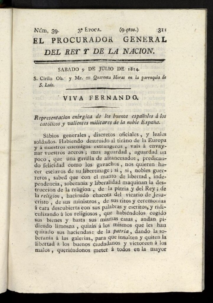 Miniatura de El Procurador General de la Nación y del Rey (Madrid) del 9 de julio de 1814, nº 39