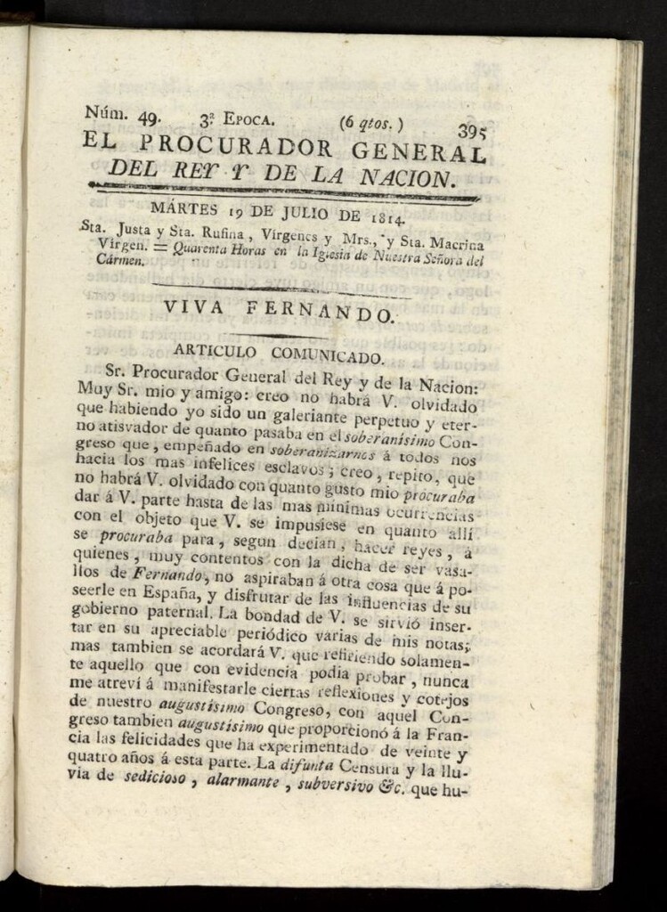 Miniatura de El Procurador General de la Nación y del Rey (Madrid) del 19 de julio de 1814, nº 49