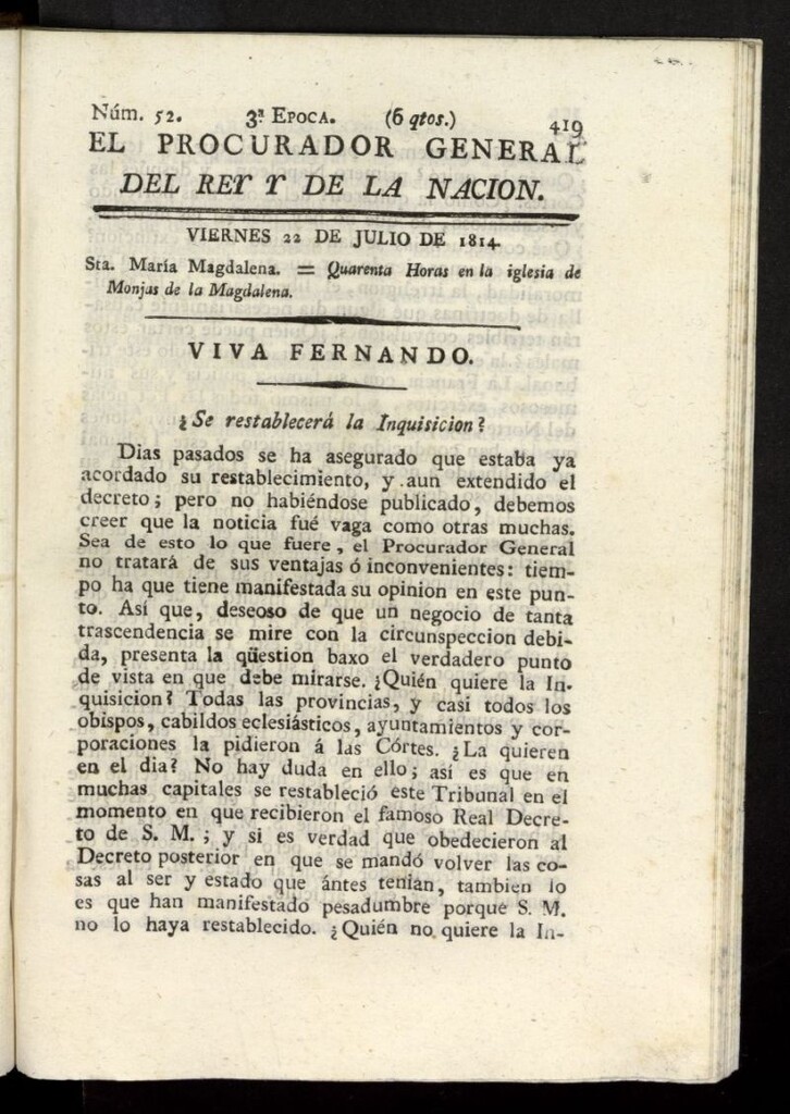 Miniatura de El Procurador General de la Nación y del Rey (Madrid) del 22 de julio de 1814, nº 52