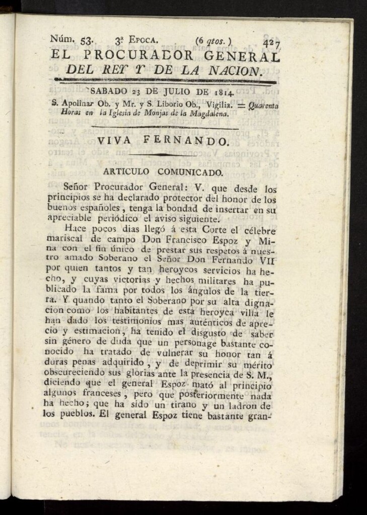 Miniatura de El Procurador General de la Nación y del Rey (Madrid) del 23 de julio de 1814, nº 53