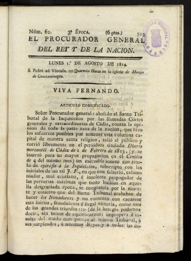 Miniatura de El Procurador General de la Nación y del Rey (Madrid) del 1 de agosto de 1814, nº 62