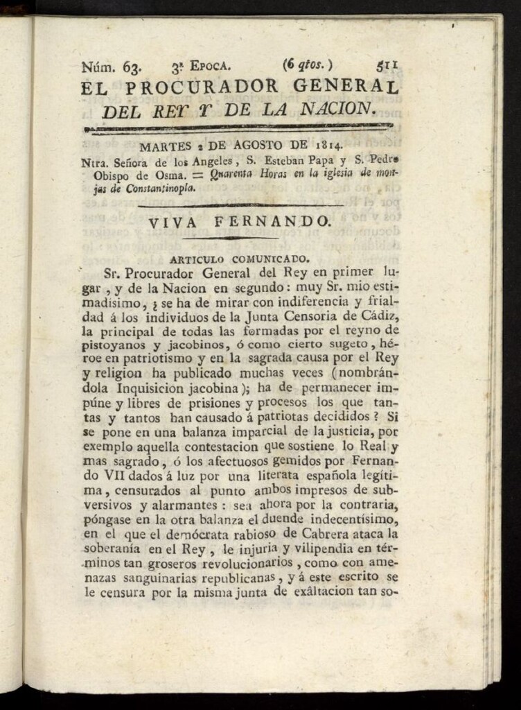 Miniatura de El Procurador General de la Nación y del Rey (Madrid) del 2 de agosto de 1814, nº 63