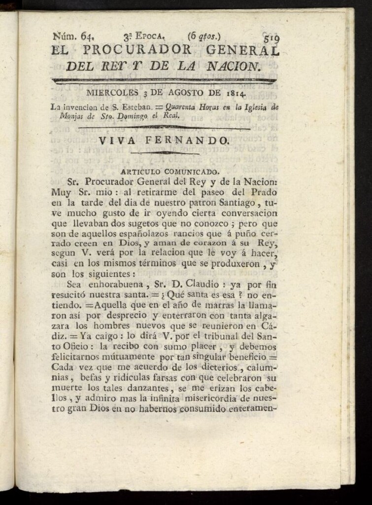 Miniatura de El Procurador General de la Nación y del Rey (Madrid) del 3 de agosto de 1814, nº 64