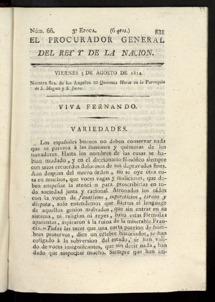 Miniatura de El Procurador General de la Nación y del Rey (Madrid) del 5 de agosto de 1814, nº 66