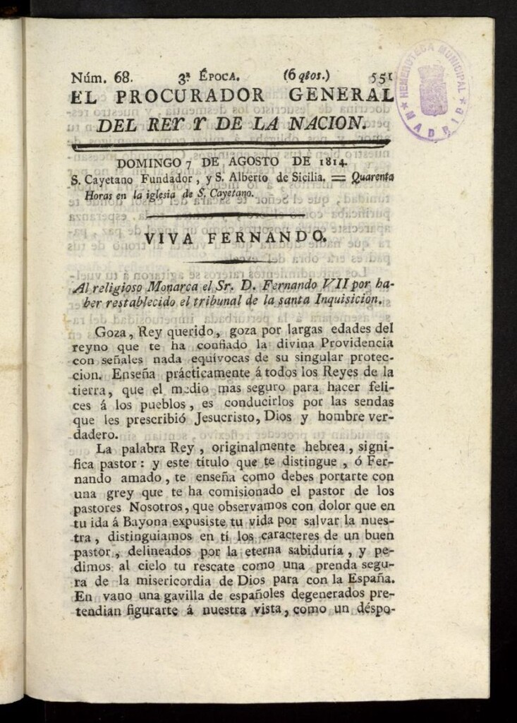 Miniatura de El Procurador General de la Nación y del Rey (Madrid) del 7 de agosto de 1814, nº 68