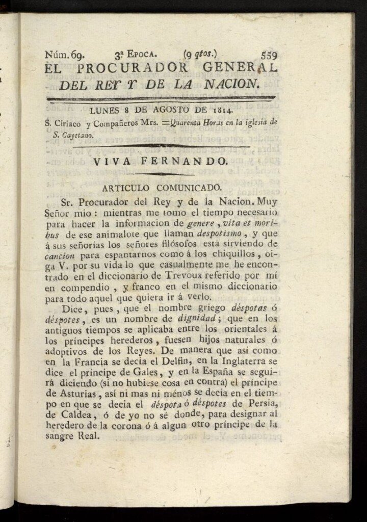 Miniatura de El Procurador General de la Nación y del Rey (Madrid) del 8 de agosto de 1814, nº 69