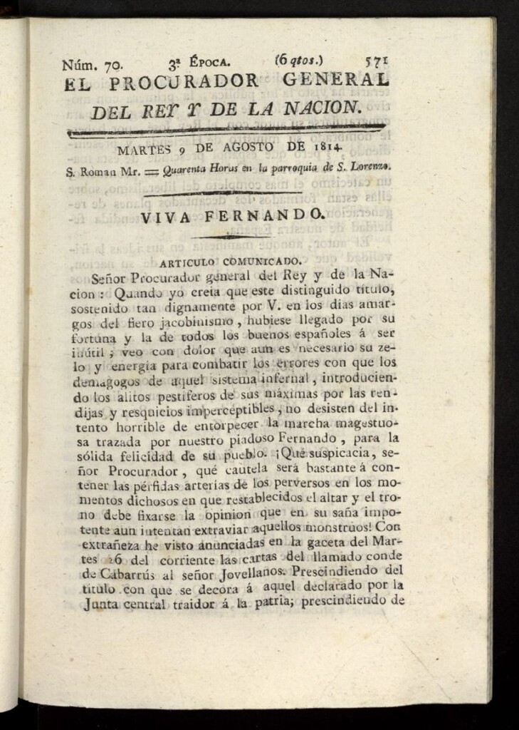 Miniatura de El Procurador General de la Nación y del Rey (Madrid) del 9 de agosto de 1814, nº 70