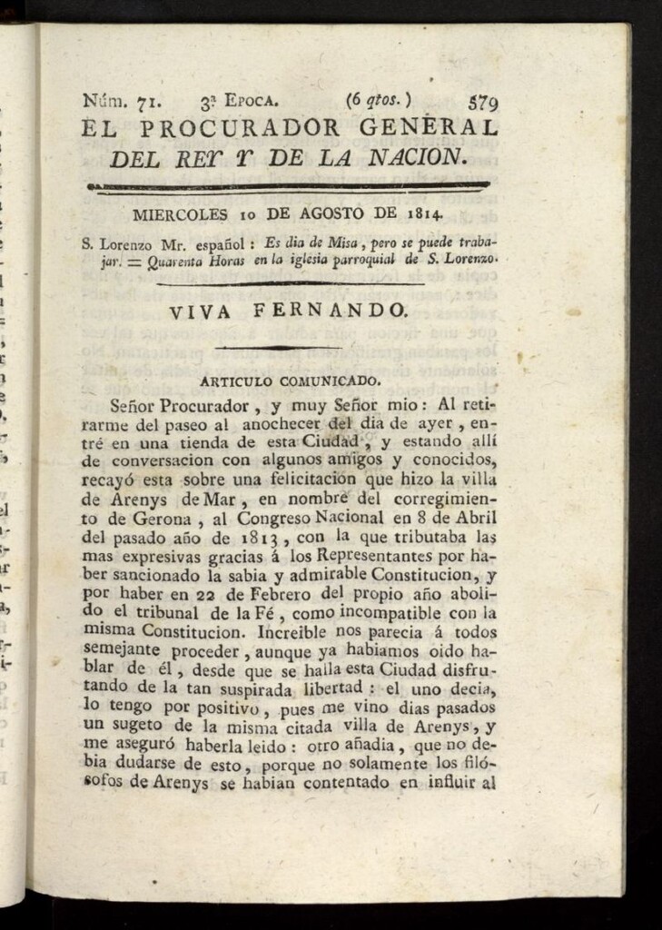 Miniatura de El Procurador General de la Nación y del Rey (Madrid) del 10 de agosto de 1814, nº 71